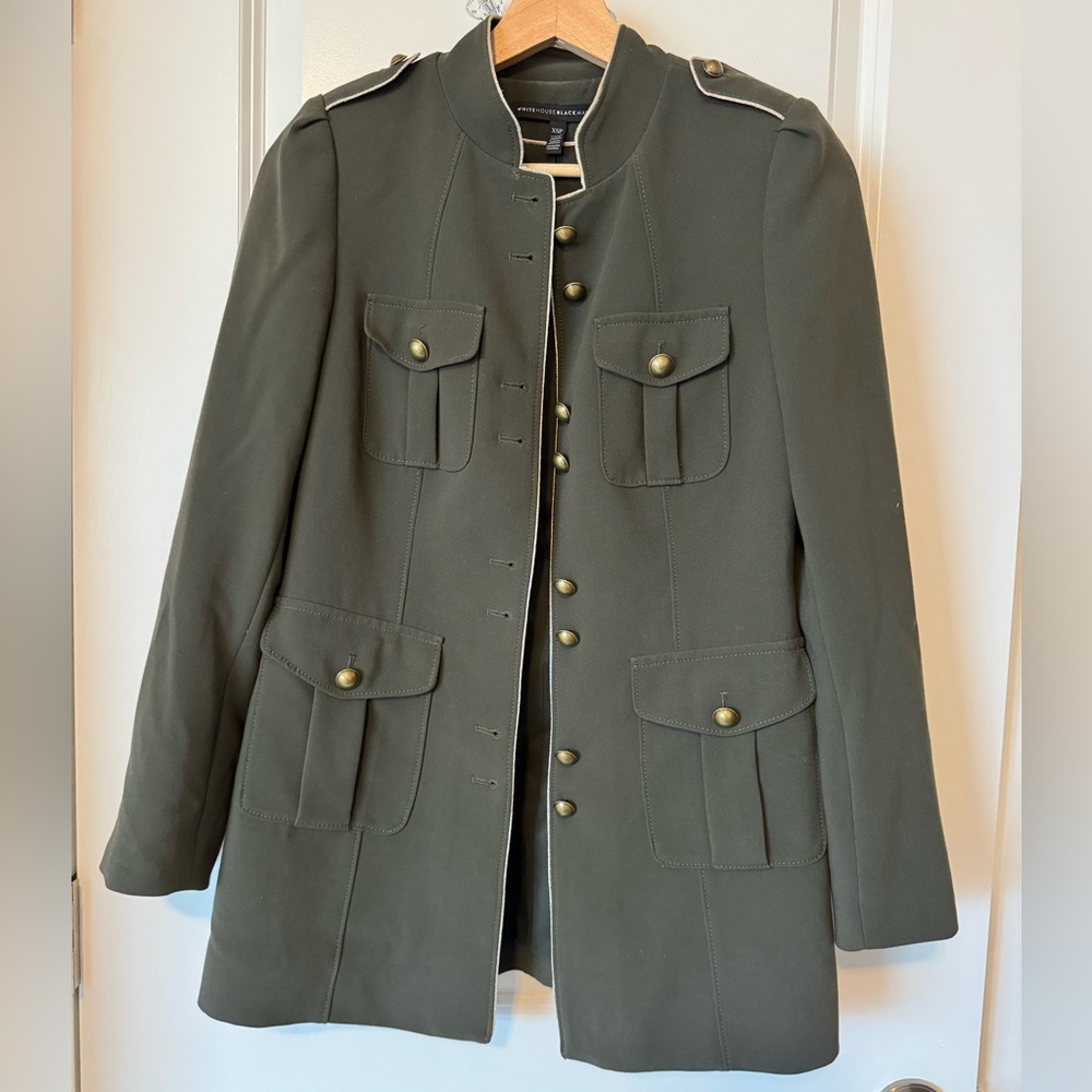 White House Black Market Military style jacket Olive green. Size XSP. VG cond.